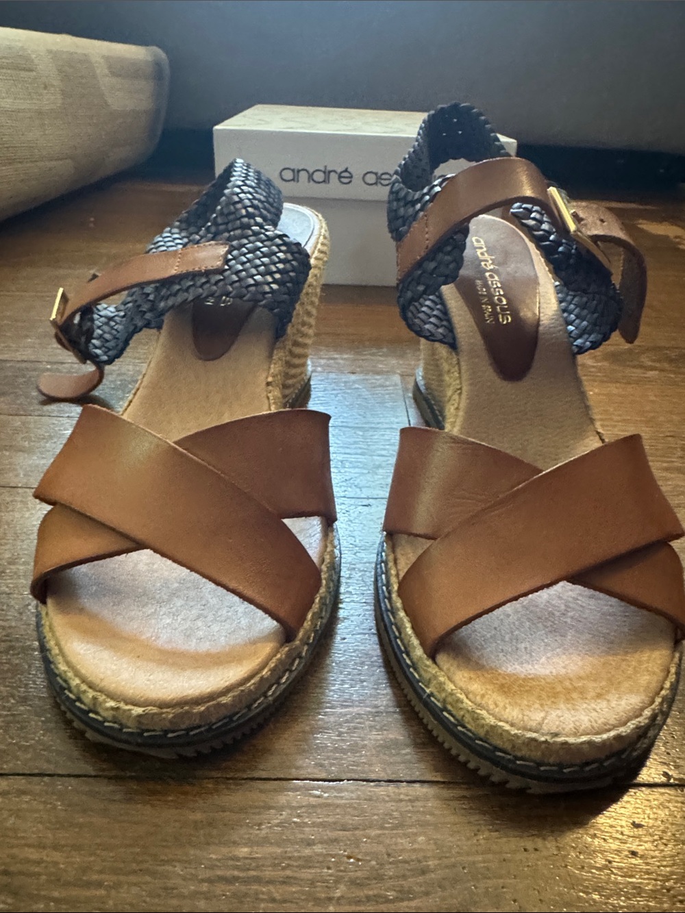 Andre Assous Tan and NavyLeather Espadrille Wedge Sandals